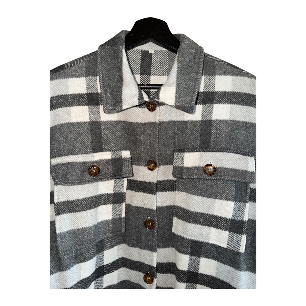 Womens Shacket Grey White Plaid Oversized Button Up Shirt Jacket Size L Gorpcore - Picture 2 of 10